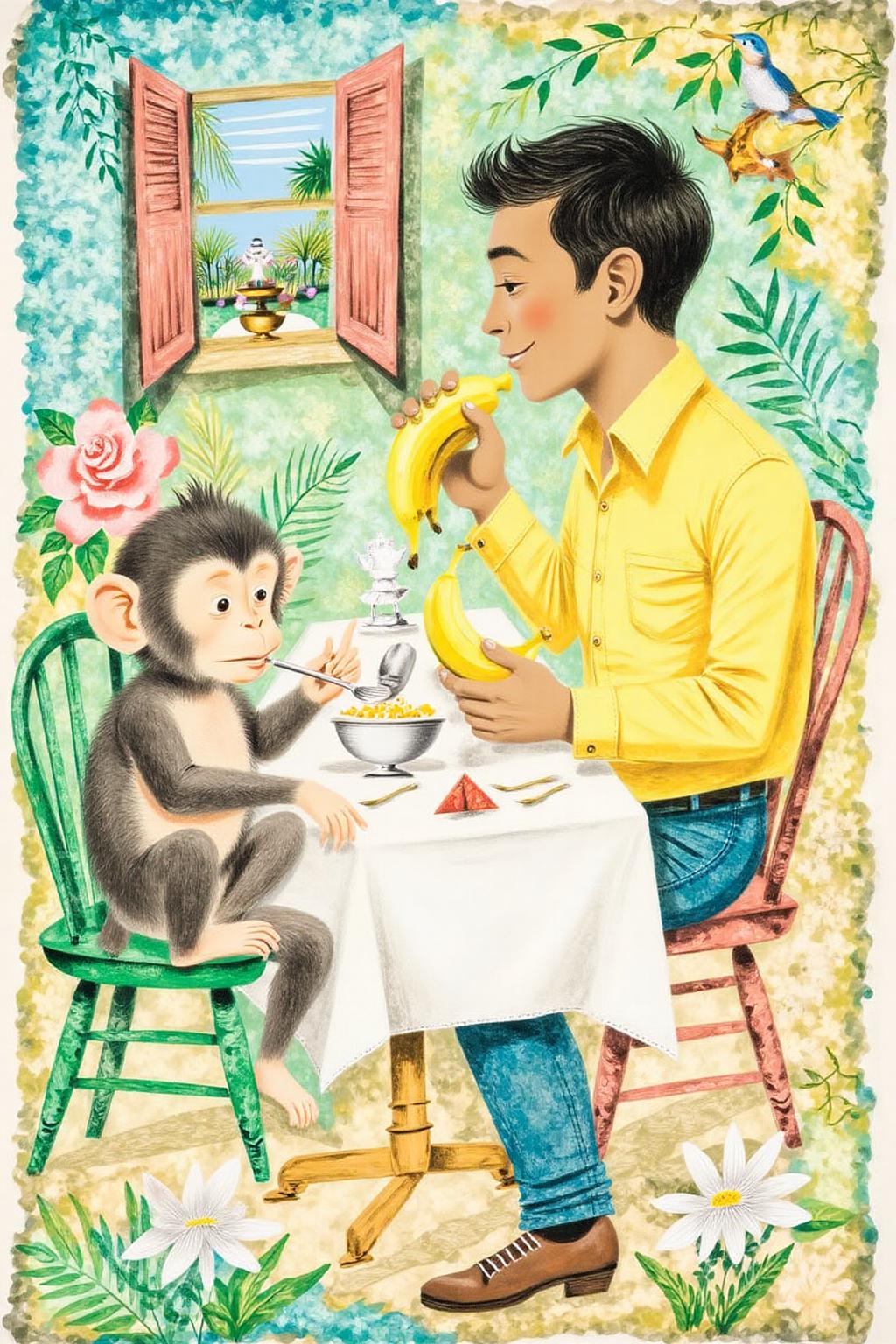 leowe1 harey1 illustration. Side view of a man and a small monkey seated at a dinning table. The man, with short black hair and a kind expression, is dressed in a bright yellow shirt with a button-up collar. He is seated on the right side of the table, He is holding a yellow banana. The small monke on the left is sitting on a green chair, eating from a small bowl using a spoon. <lora:gwonder1_cap_d6a3e15:1.0><lora:826572731345791717:0>