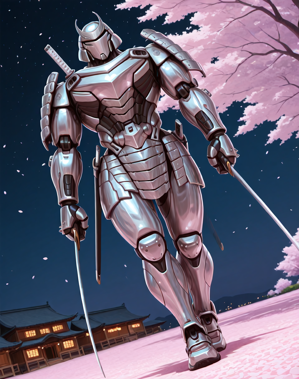 <lora:Silver_Samurai_(Marvel_Comics)_(Illustrious)_(AD):1> Silver Samurai, robot, armor, 
((
exterior, traditional Japanese noble's estate home, cherry blossoms, night sky, 
dutch angle, dynamic action, male focus, solo, fully armored, villain, hyper glossy body, powerful, superiority,  
)),
BREAK: very awe, aesthetically pleasing, masterpiece, best quality, amazing quality, very aesthetic, depth of field, absurd details, depth of field, atmospheric rendering, natural shading, soft shading, 
BREAK: lazympos, lazypos (3),