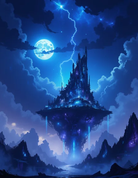 cyberpunk tower on an floating island in the night sky dark storm clouds  engulfing the island,  lightning,  cold moon, waterfall, hologram, neon lights<lora:ck-OneViolentFantasy:0.7> in the style of ck-ovf, <lora:ck-Sommo-Concept-Art:1> A digital painting in the style of ck-js,