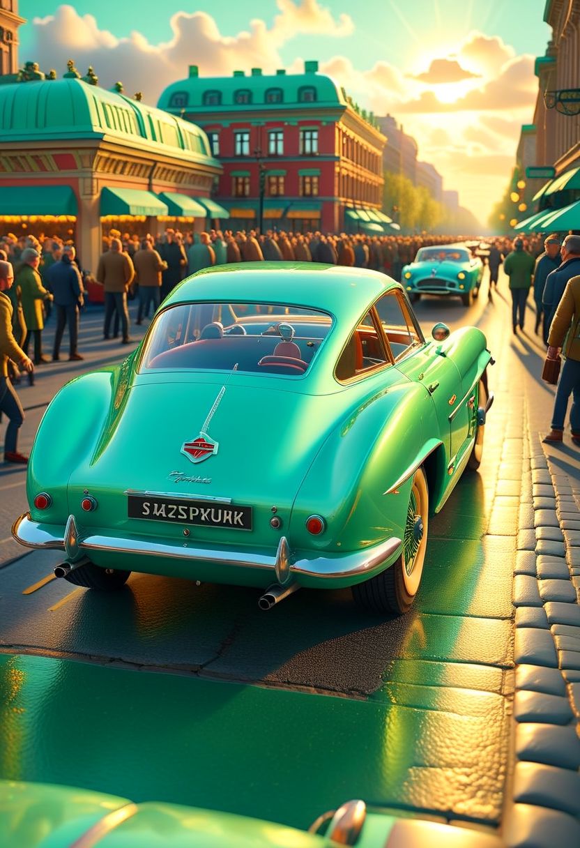 ispzxll, diorama, isometric, miniature, volumetric lighting style, intricate details, wide angle, ultra-detailed, seafoam-green soviet-era sports car, busy city street, crowds of people, other cars, bright headlights, glossy, golden hour, long shadows, fluffy clouds, sun rays shining through clouds, 8k