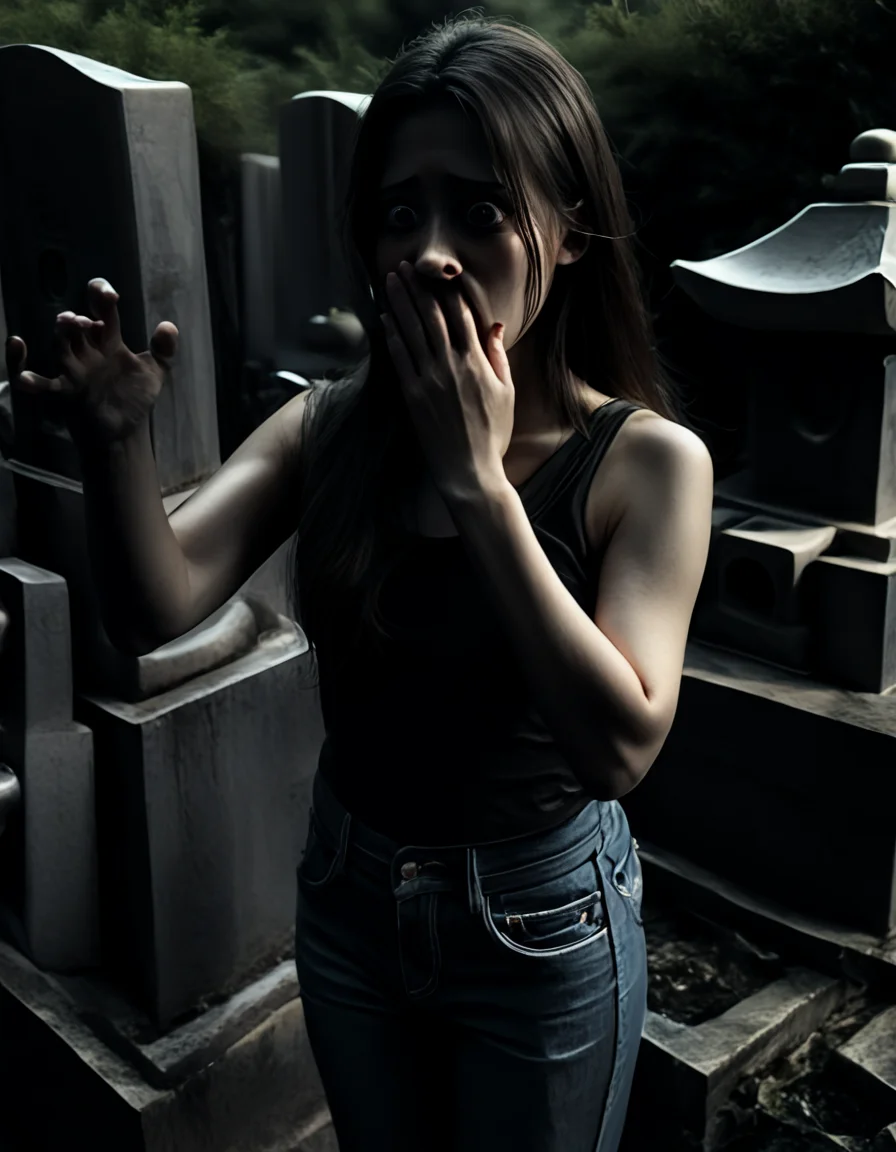 score_9, score_8_up, score_7_up, source_real,realistic, photorealistic, BREAK <lora:detailed_notrigger:1> <lora:zy_Detailed_Backgrounds_v1:1> extremely detailed, detailed background,
JapaneseCemetry, night, long hair, Jeans, Tank top, 1girl, Covering mouth with hand, Surprised, Scared, Afraid, <lora:BDpony_JapaneseCemetry_V1-6076:1>, <lora:dark:1.3>