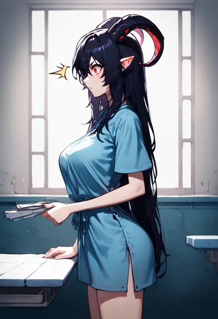 score_9, score_8_up, score_7_up, source_anime, uncensored, <lora:Viper_Risen-000014:1>, v1p3r1seV6, BREAK, 1 girl, solo, monster girl, 18 years old, 160 cm tall, sickly pale skin, bright red eyes, circles under the eyes, goat horns, black horns, ash-black hair, long hair, disheveled hair, medium breasts, claws, black arms, black legs, pale blue dirty surgical shirt, bright red stripes on shoulders and neck, hospital gown, girl standing near table, holding folder with documents, looking at folder, surprised look, serious expression, side view, modern hospital, abandoned hospital, night, dim light, dark corridor