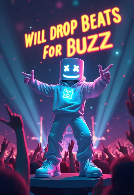 Art style: Ankama vivid animation style, Vibrant colors, expansive storyworlds, stylized characters, flowing motion.
In an outdoor, night-time EDM concert, DJ Marshmello stands on a platform, pointing at the giant floating neon yellow words "Will Drop Beats for Buzz" in the sky.
Marshmello's outfit features a white, LED-lit hoodie with his iconic marshmallow face logo, glowing mask with a subtle smile, white pants, and matching sneakers. His outfit shines brightly against the night sky.
Colorful beams of light cut through the dark, while silhouetted figures in the crowd raise their hands.