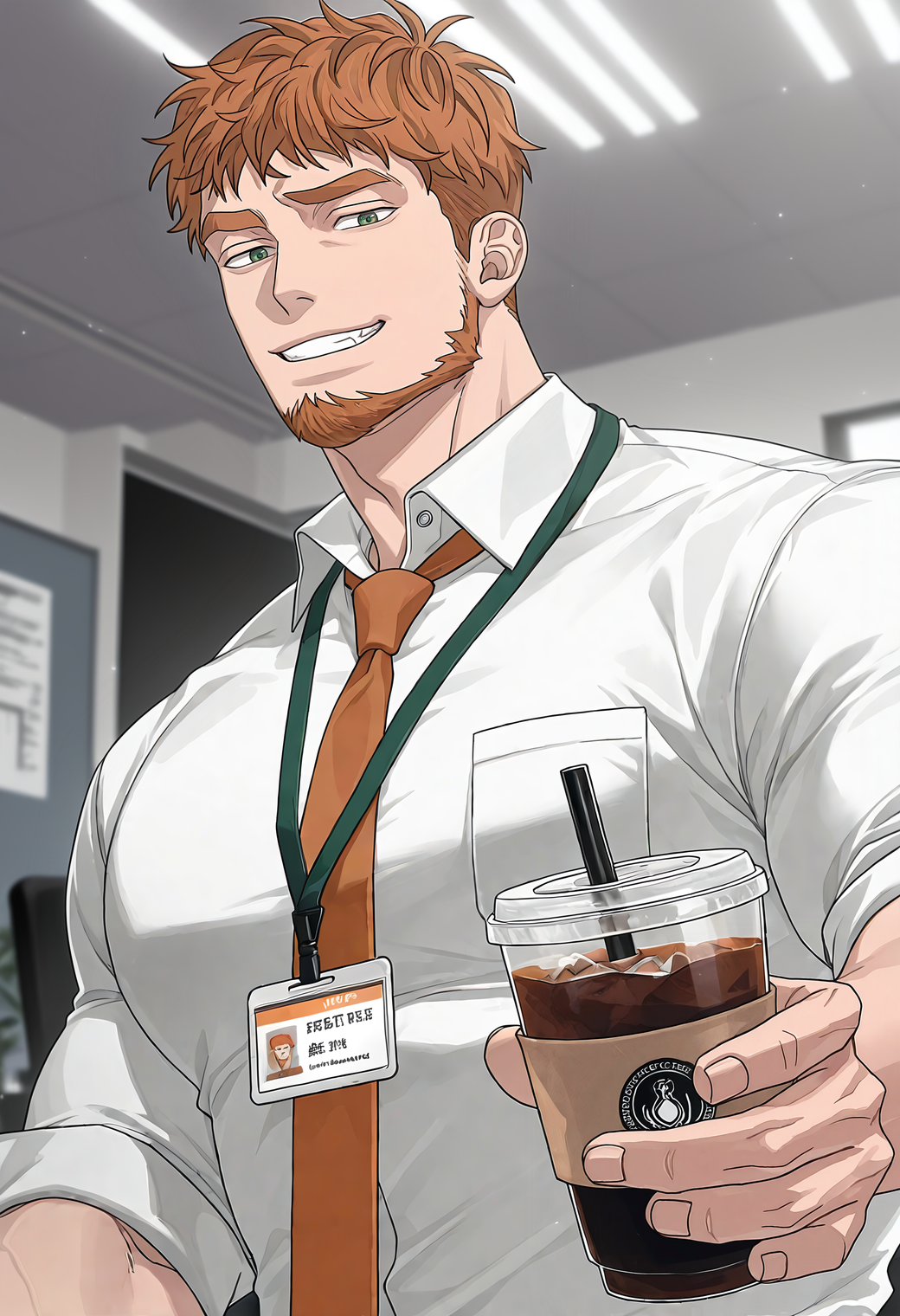 <lora:Hebaron_Nirta_Under_the_Oak_Tree:1>,
1boy,hebar0n,orange_hebar0n_hair,green_hebar0n_eyes,bara,muscular male,male focus,mature male,solo,
white collared shirt,sleeves rolled up,breast pocket,indoors,upper body,holding,iced coffee,offering to viewer,looking at viewer,grin,raised eyebrow,orange necktie,id card,green lanyard,office,blurry background,tight clothes, 
dynamic action,
masterpiece,best quality,newest,absurdres,anime screenshot,intricate details,very awa,highres,perfect proportions,perfect eyes,very aesthetic,
shadow,dynamic angle,dynamic action,atmospheric perspective,intricate lighting,intricately detailed illustration,depth of field