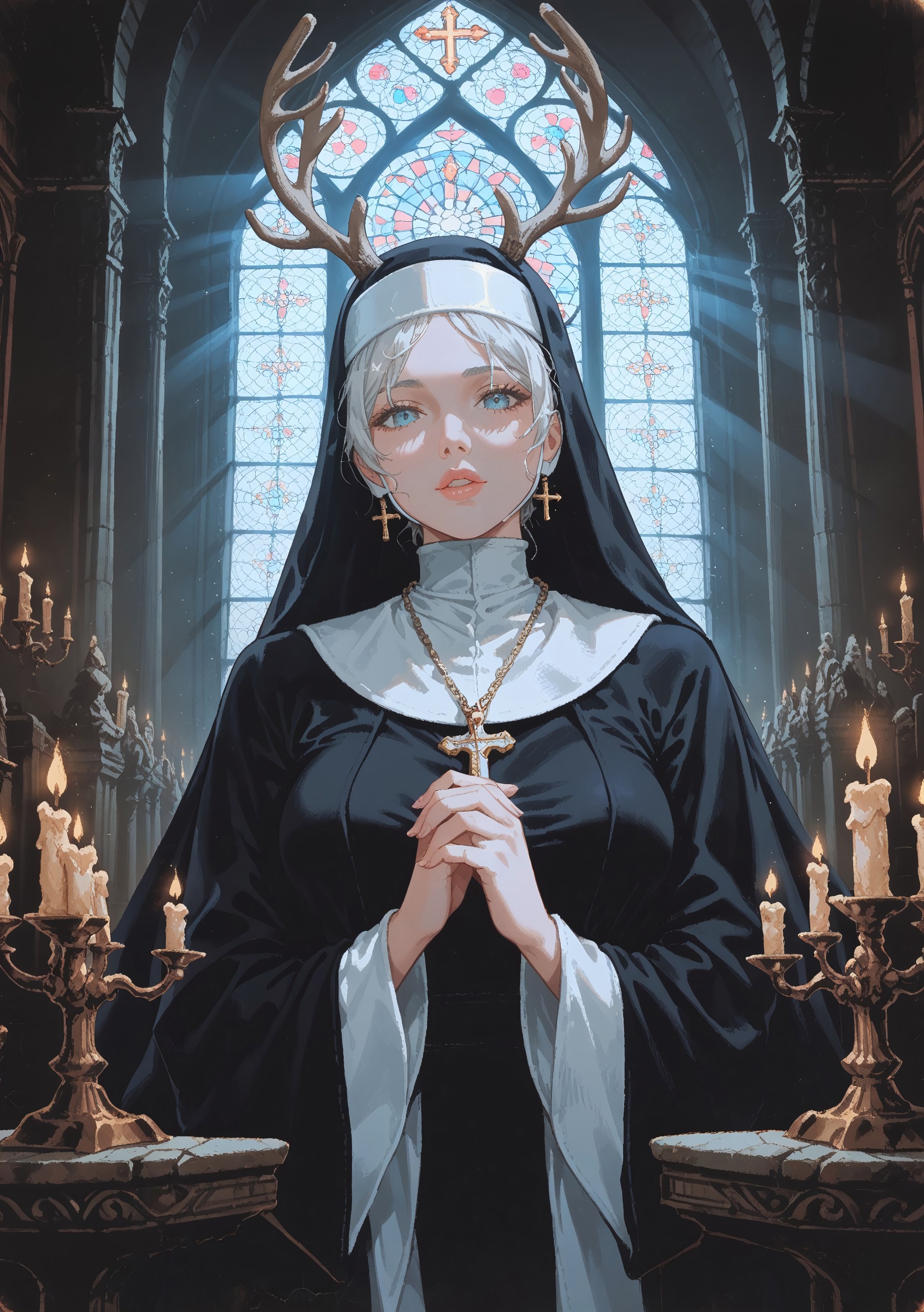 safe_pos, score_9, score_8_up, score_7_up, masterpiece, best quality, (ultra detailed background), highly detailed, fine details, ambient light, soft lighting,
BREAK
1girl, long flowing white hair, deer antlers, nun outfit, nun habit, mandarin collar, fur-trimmed felt cloak, decorative iron half mask, glossy lips, cross pendant, good composition, ethereal appearance, medium breasts, glamorous, 
(indoors:1.15), cathedral interior, looking at viewer, dynamic light, dynamic angle, detailed background, light rays, perspective, altar, candles, marble statue, dynamic background, warm tone, vermis style