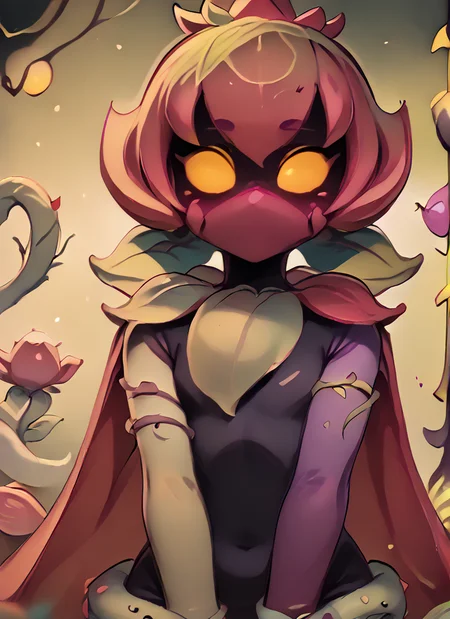 score_9, score_8_up, score_7_up, <lora:bslily:1>bslily 1girl green skin , yellow eyes, shaded face, no mouth, pink hair , shaded face, ,pink mouth mask, plant girl , sleveless , black bodysuit , Vines , asymmetrical sleeves, purple sleeve , cape, <lora:Kittew-4RCH0N:1>4RCH0N