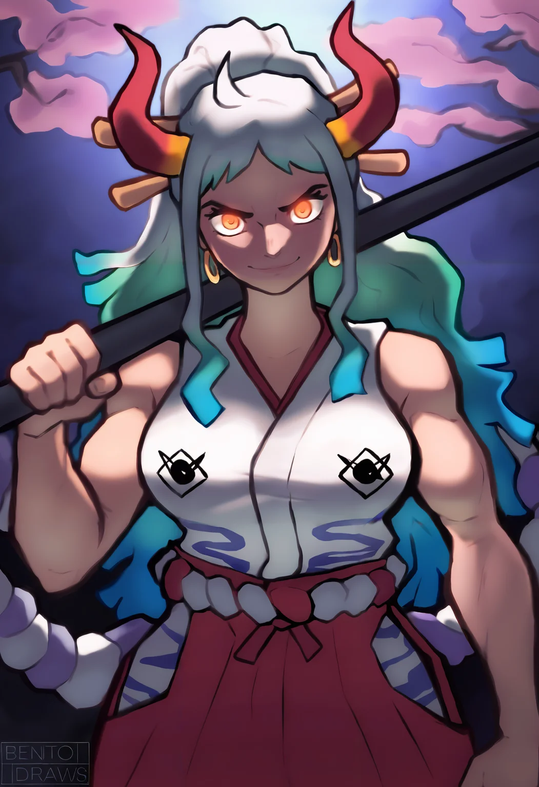 masterpiece, best quality, newest, absurdres, highres, benrawtod, cherry blossoms, moonlight, dark, outdoors, night, closed mouth, looking at viewer, 1girl, solo, yamato \(one piece\), curled horns, red horns, multicolored horns, orange eyes, white hair, green hair, long hair, multicolored hair, aqua hair, gradient hair, blue hair, sidelocks, ponytail, high ponytail, hair stick, large breasts, sleeveless kimono, bare shoulders, hoop earrings, earrings, shimenawa, toned, holding huge weapon, weapon over shoulder, pointing at viewer, evil smile, glowing eyes, straight-on
<lora:bentodraws Illustrious:1>