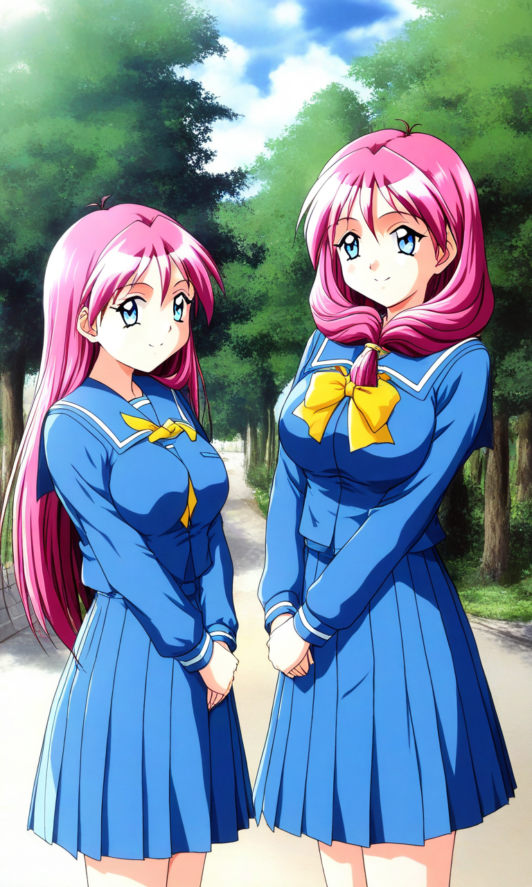general,highres, ultra-detailed,very aesthetic,best quality ,best hands, BREAK <lora:Shirayuki_Mihoï¼Maho_Tokimeki_Memorial2_IS:1>
Shirayuki_Mihoï¼Maho, pink hair, blue eyes, long hair, large breasts, v arms, twins, 2girls,
blue school uniform, blue serafuku, blue skirt, Yellow bow, 
blue sailor collar, smile, long sleeves, pleated skirt, outdoor, tree, sky,