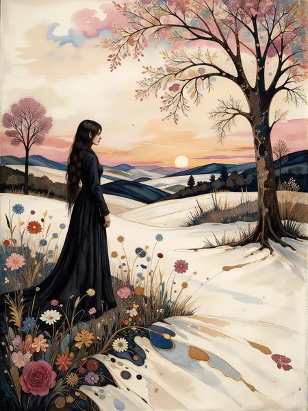 Medieval themed artwork depicting white-toned sunset landscape, long shadows, fairy lights, goth, intricate black and pink fractal, eldritch, billowing dark dust, very detailed. The overall feel of the image is painterly. Additionally the image incorporates elements of mixed media including flowing lines drawn with fine pens and appliqued copperleaf. The general effect is of timeless fine art elegance. <lora:Paper_Marbling_Flux:0.5> <lora:Embroidered_Quilting_Flux:0.3> <lora:Eldritch_Watercolor_for_Flux:0.5> <lora:Eldritch_Paint_Sketch_for_Flux_1.0.5:0.4> <lora:midjourney_whisper_chromaplex_v1:0.4> <lora:BookOfKells-Rapid:0.6>