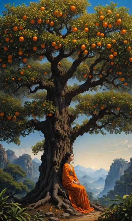 A contemplative landscape with an orange tree, highly detailed oil painting by Annie Leibovitz and Steve McCurry, 8k, HD, trending on artstation, vivid colors, wide angle shot, cinematic lighting, masterpiece, lightwave colors. rule of thirds. Beksinski painting. art by Takato Yamamoto; artwork by John "Phelan; artwork <lora:Details:0.85> <lora:Fast:0.69>