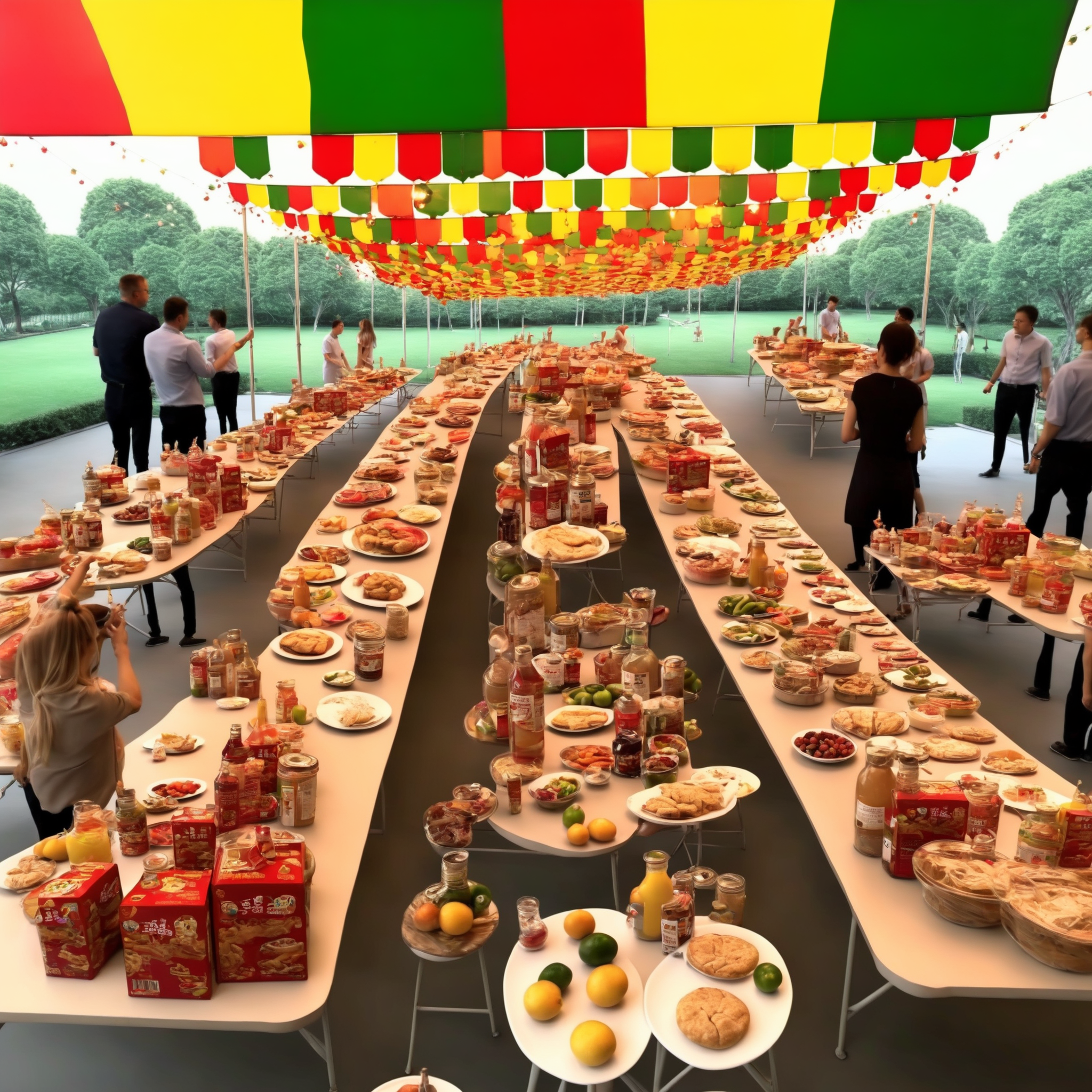 A large outdoor buffet scene, with tables laden with delicious food, snacks, flags, and adorned with hanging lanterns. The setting could be a festive gathering, garden party, or outdoor celebration, with guests mingling and enjoying the feast. The scene should be as realistic as a high-resolution photograph, with warm and inviting lighting that highlights the abundance of food and the decorative elements, creating a joyful and welcoming atmosphere,<lora:buybuy3:0.75>, BestQuality / (extremely detailed CG unity 8k wallpaper), best quality, masterpiece , hdr, best quality, ultra highres