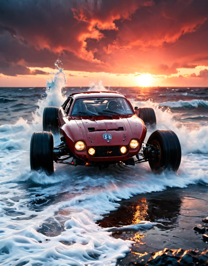 <lora:Space_Worlds_02_Dark_xlv1:1> sw02d_xl, red race car, monochromatic realism stylize 750, motion blur, sunset, giant waves, steampunk