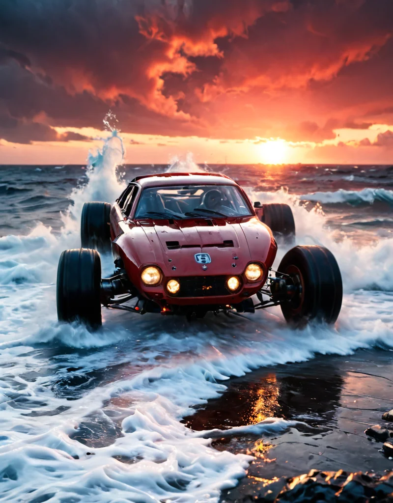 <lora:Space_Worlds_02_Dark_xlv1:1> sw02d_xl, red race car, monochromatic realism stylize 750, motion blur, sunset, giant waves, steampunk