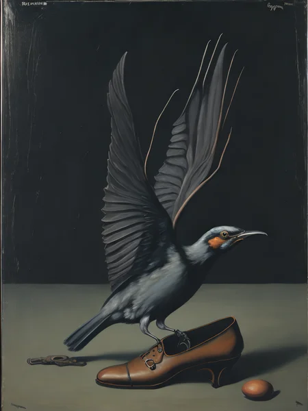 <lora:ReneMagritte:1>a painting of a bird perched on a shoe