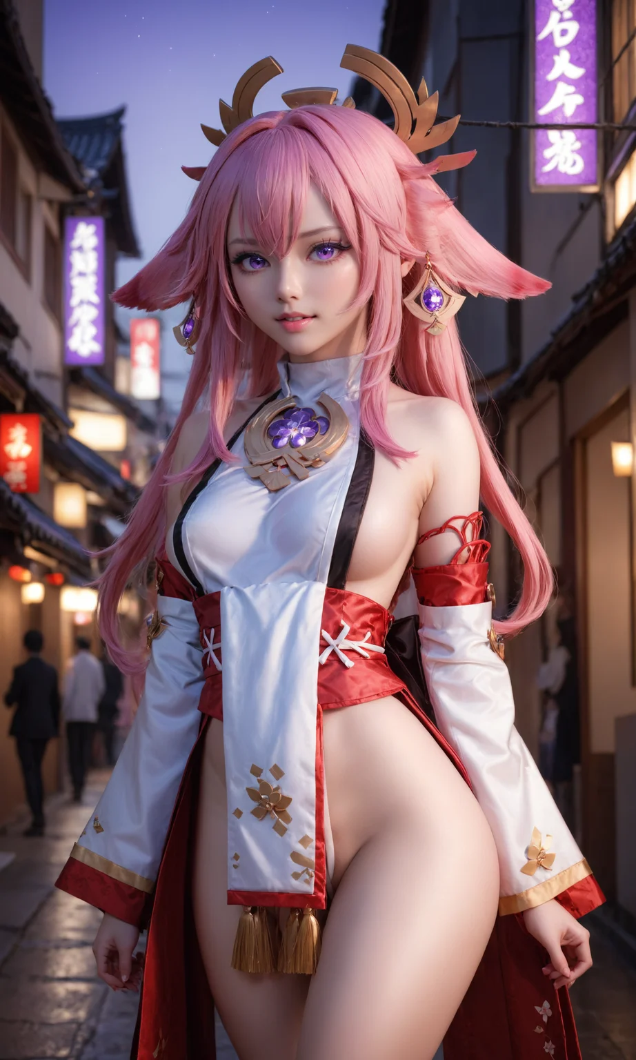 masterpiece,(8k, RAW photo, best quality, masterpiece,:1.2),mid_shot,front view,shiny_skin,glamor,seduction,pornography,(Highest picture quality),(Master's work),full body,(ultra-detailed),yae miko,3D graphics,Anime,vision (genshin impact),1girl,shiny skin,standing,pink hair,purple eyes,nsfw,(facial close-up),((street)),<lora:MIAOKA_Yae Miko_XL:0.8>,