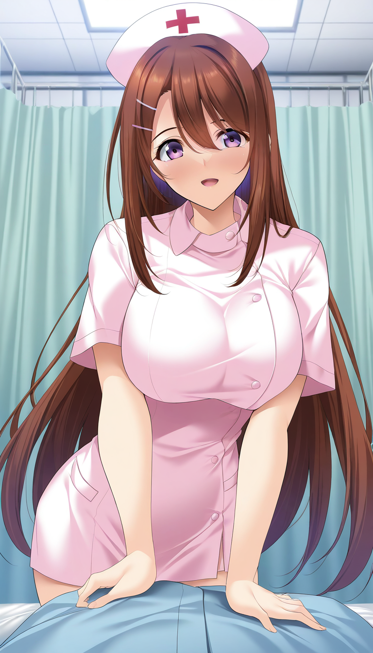 general,highres, ultra-detailed,very aesthetic,best quality ,best hands,  BREAK <lora:Sakurakawa_Ayana_IS:1>Sakurakawa_Ayana, 1girl, brown hair, breasts, large breasts, long hair, hair ornament, hairclip, purple eyes, shiny hair, hair between eyes, shiny, bangs, very long hair,
nurse, nurse cap, red cross, hospital,