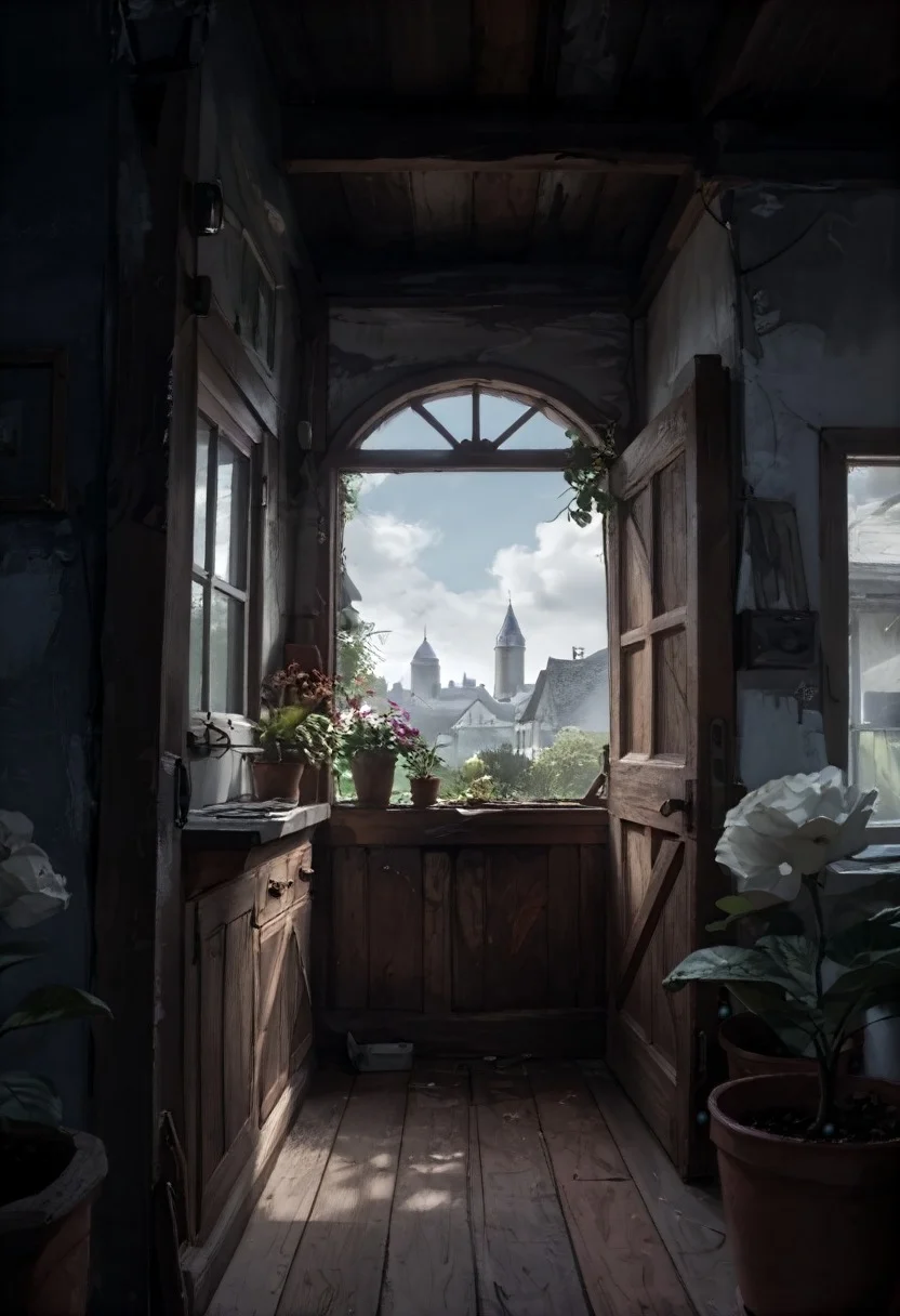 photorealism, no humans, plant, potted plant, scenery, door, window, outdoors, day, sky, building, flower pot, house, blue sky <lora:painterial:-0.6> <lora:Extra-DIM32:4.3>