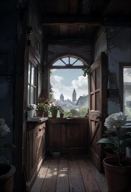 photorealism, no humans, plant, potted plant, scenery, door, window, outdoors, day, sky, building, flower pot, house, blue sky <lora:painterial:-0.6> <lora:Extra-DIM32:4.3>