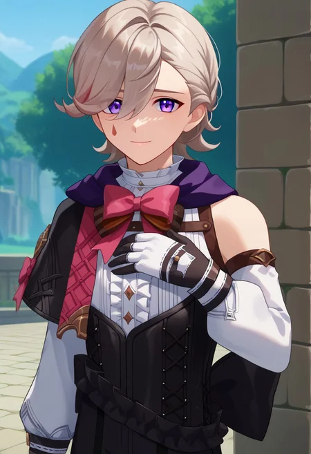 score_9, score_7_up, source_anime
lyney, 1boy, male focus, solo, purple eyes, blonde hair, short hair, braid, hair over one eye, teardrop facial mark, ouji fashion, capelet, bow, pink bow, shirt, white shirt, frills, center frills, corset, detached sleeves, long sleeves, puffy long sleeves, puffy sleeves, gloves, sad, smile, looking at viewer, hand on own chest,
outdoor,