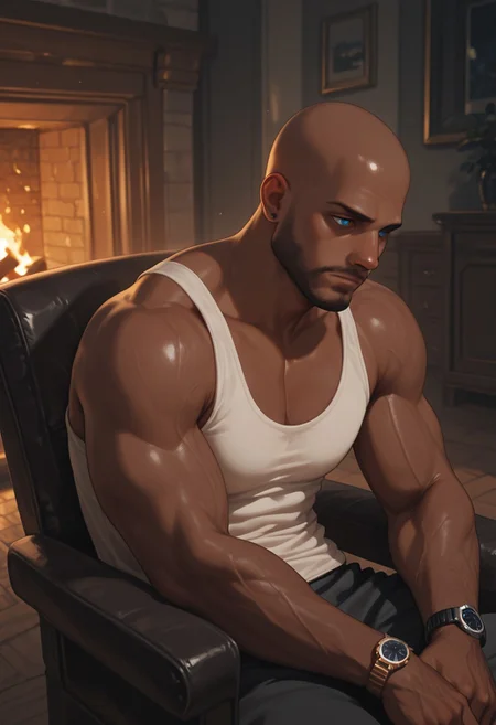 masterpiece, best quality, amazing quality, absurdres, newest, detailed background, definition so sharp, Ultra-HD, 8K cinematic, very awa, impressionate, amazing quality, highres,
1boy, mbti_estj, muscular man, mature man, bald, dark skin, facial hair, blue eyes, watch, solo, fireplace, warm glow, cozy atmosphere, relaxed, sitting, comfortable chair, contemplation, soft shadows, warm tones, inviting, tranquil, home interior, high quality, aesthetic