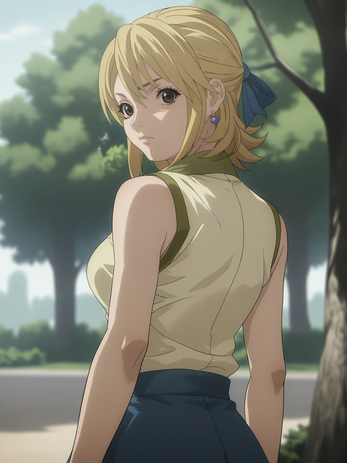 score_9, score_8_up, score_7_up, score_6_up, score_5_up, source_anime, smooth_anime,
Lucy_Heartfilia, 1girl, solo, brown_eyes, blonde_hair, ribbon, hair_ribbon, looking_at_viewer, long_hair, outdoors, jewelry, earrings, breasts, looking_back, sleeveless, blue_ribbon, skirt, shirt, tree, large_breasts, sleeveless_shirt, blue_skirt, long_skirt, day
 <lora:Zetman:1>