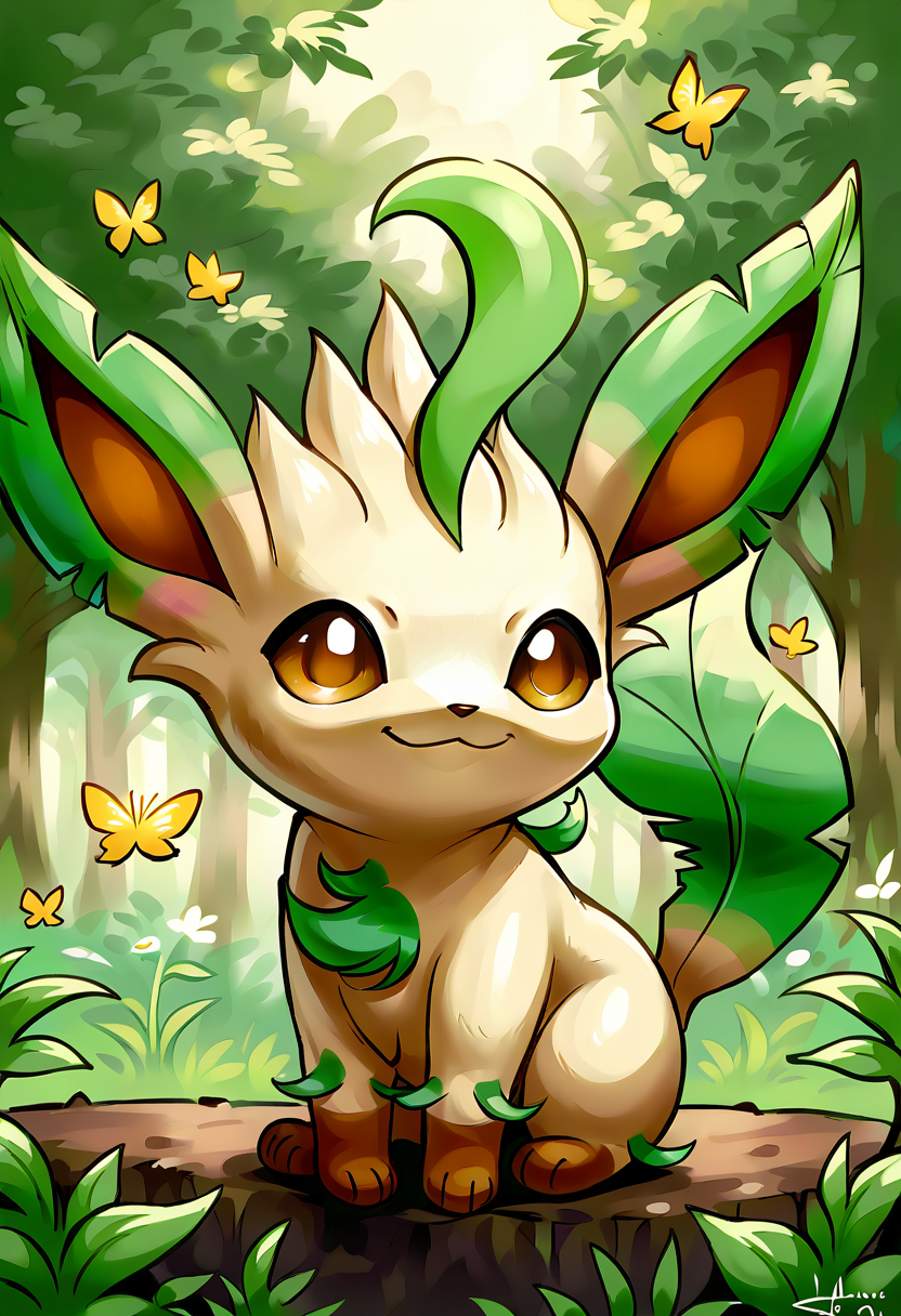 score_9, score_8_up, score_7_up, source_anime BREAK
L34F30N, long ears, brown eyes, tan body, dark brown paws, green body sprouts, green leafy ears, green leafy tail, brown nose, quadraped, brown inner ears, solo, (chibi:1.5)
looking at viewer, head tilt, smile, sitting
background: forest, sunbeam, butterflies, grass, wildflowers
 <lora:Leafeon:1>