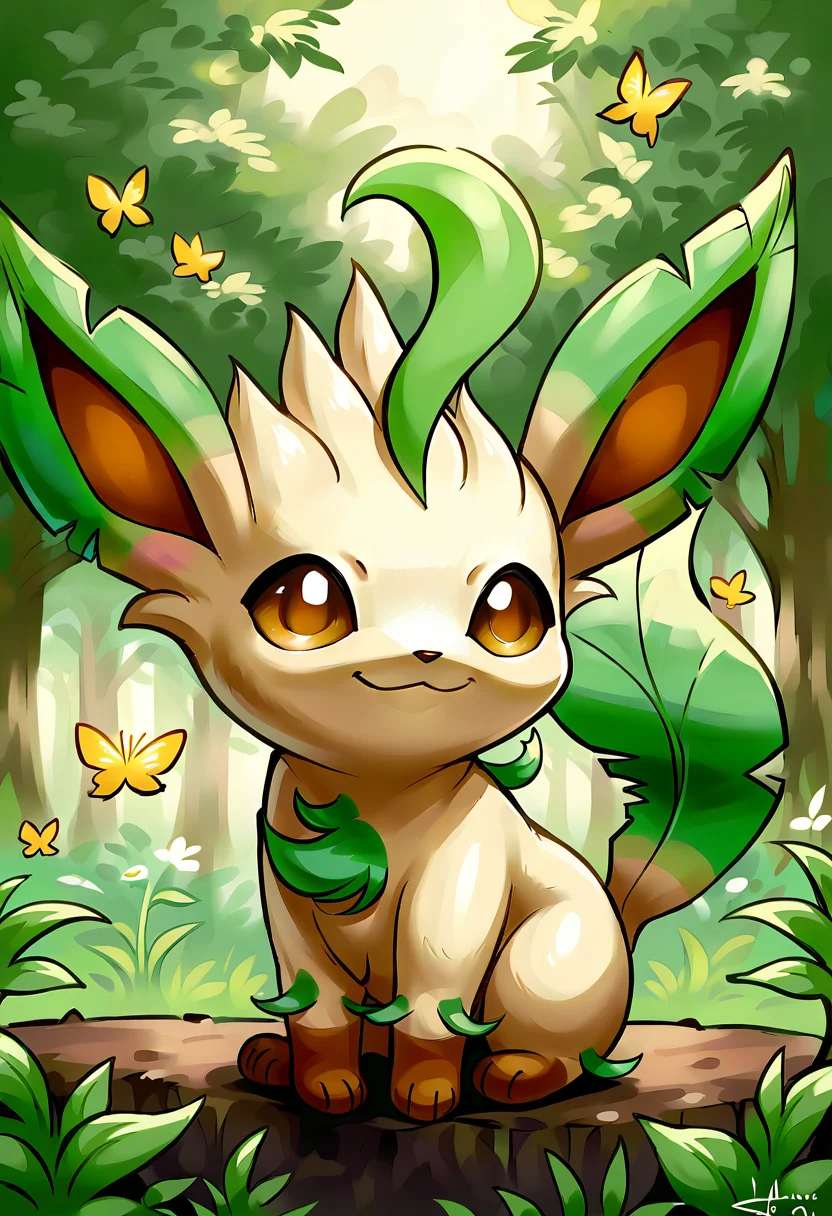score_9, score_8_up, score_7_up, source_anime BREAK
L34F30N, long ears, brown eyes, tan body, dark brown paws, green body sprouts, green leafy ears, green leafy tail, brown nose, quadraped, brown inner ears, solo, (chibi:1.5)
looking at viewer, head tilt, smile, sitting
background: forest, sunbeam, butterflies, grass, wildflowers
<lora:Leafeon:1>