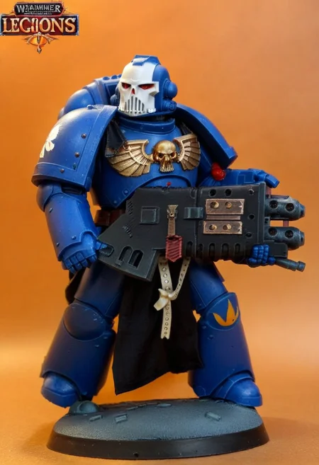 Score_9_up, absurdres, source: GamesWorkshop, grimdark, gothic horror, an adeptus astartes Ultramarines space marine in armor and helmet wielding a melta