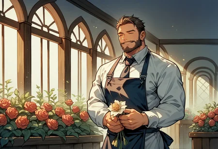 score_9, score_8_up, score_7_up, score_6_up, score_5_up, score_4_up,
rosewater90, sketchy lineart, watercolor (medium), 1boy, male focus, weapon, solo, beard, muscular, large pectorals, white dress shirt, tie, apron, holding flowers, inside plant shop, beautiful lighting, peaceful, soft smile, closed eyes