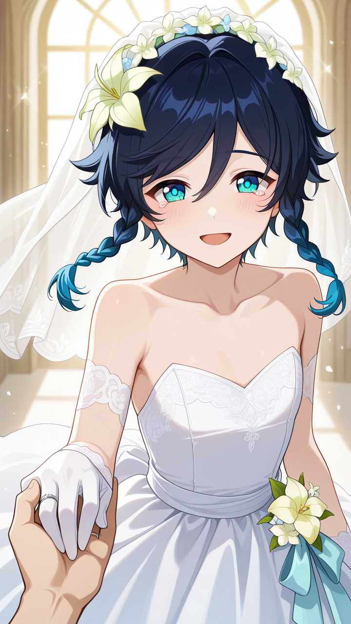 solo,, masterpiece, best quality, amazing quality, very aesthetic, absurdres, newest, anime screencap, <lora:ventiILM:1>, venti (genshin impact), short hair with long locks, aqua hair, green eyes, aqua eyes, blue hair, black hair, braid, gradient hair, twin braids, side braids, hair between eyes, androgynous,, wedding dress, wedding, flower, wedding ring, hair flower, bridal veil, flower, gloves, hair ornament, happy, happy tears, open mouth, looking at viewer, pov, pov hands, ribbon, ring, white dress, sleeveless dress, collarbone, bare_shoulders, holding hands,