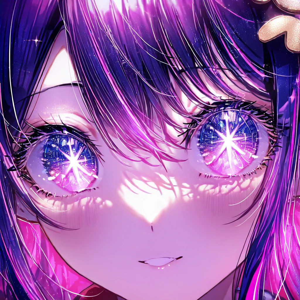 1girl,solo,bangs,eye focus,face,close-up,sparkle,looking at viewer,glowing,eyelashes,hoshino ai,masterpiece, best quality, very aesthetic, absurdres, <lora:Jeweled eyes-NAI:1>