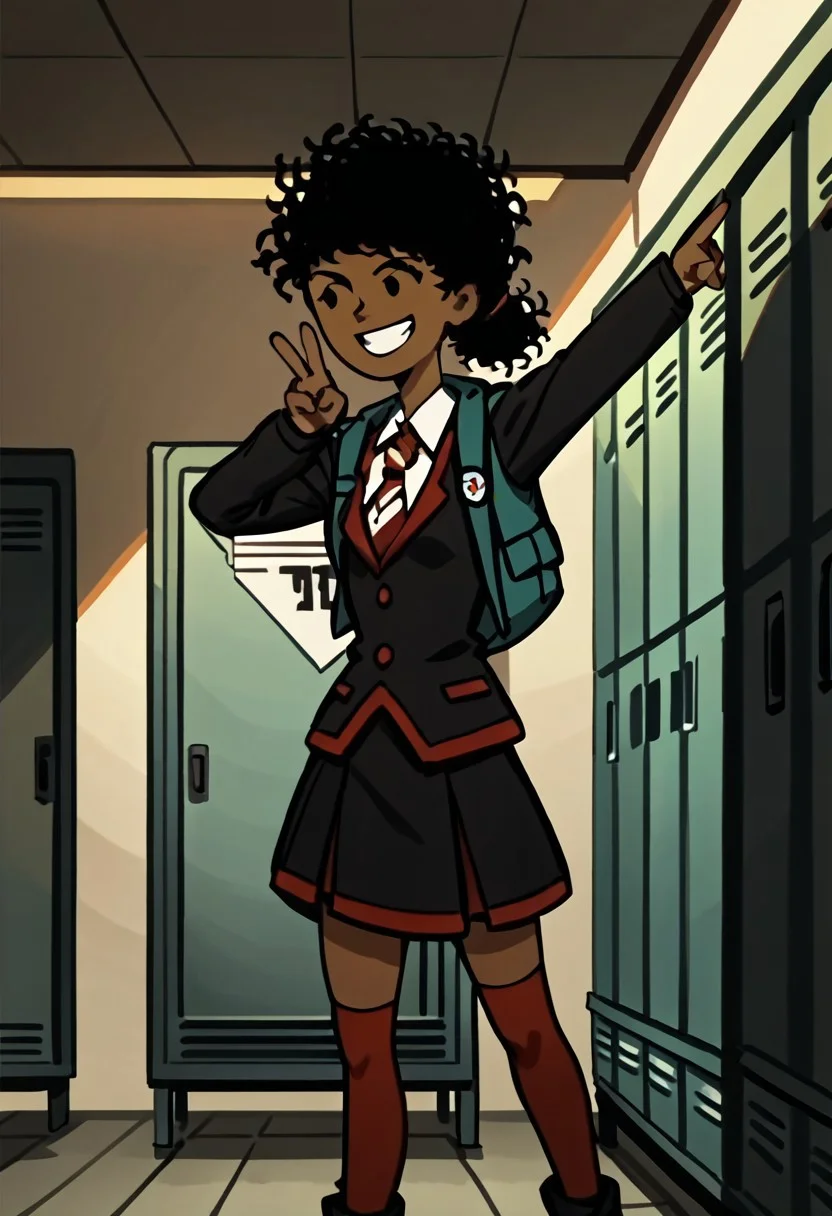 source_anime, anime_screencap, anime_coloring, score_9, score_9_up, score_8, score_8_up, score_7, score_7_up, score_6, score_6_up, highres, Rating_Safe,
G1, 1girl, very dark skin, dark-skinned female, dot eyes, black hair, afro, messy hair, hair bun, ponytail
school uniform, jacket, necktie, skirt, socks, thighhighs, black shoes
smiling, grin, teeth, v, victory pose, locker room, indoors, grey walls, crowds, cowboy shot, dutch angle, solo