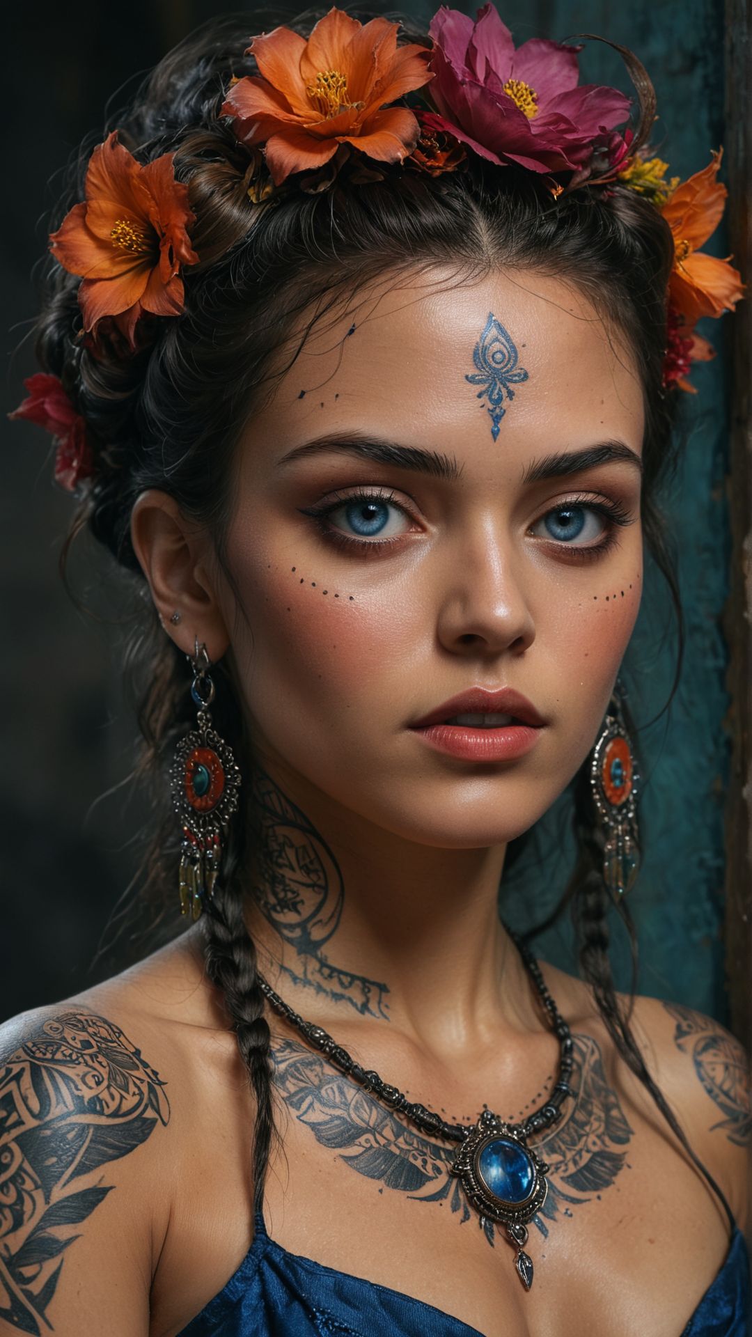 A stunning woman with flowing hair, intricate tribal tattoos, and piercing blue eyes, painted in the style of Frida Kahlo, vibrant colors, surreal elements, 8k, detailed. 
(masterpiece, award winning artwork)
many details, extreme detailed, full of details,
Wide range of colors, high Dynamic
 <lora:add-detail-xl:1> 
<lora:WildcardX-XL-Detail-Enhancer:0.9>
 <lora:zavy-cntrst-sdxl:0.245> dark, chiaroscuro, low-key 
<lora:RMSDXL_Creative:0.24> 
<lora:dvr-lnds-sdxl:0.22> dvr-lnds-sdxl