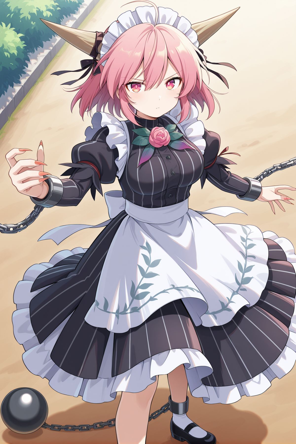absurdres, highres, masterpiece, best quality, amazing quality, official anime artwork, screencap, anime screencap, outdoors, looking at viewer, serious, dynamic pose, standing,
<lora:Ibaraki-Doujis-Arm_Illustrious:1>  ibaraki douji's arm, 1girl, solo, pink eyes, pink hair, short hair, horns, medium breasts,, ibaraki douji's arm \(why am i a maid?!\), alternate costume, maid headdress, horn ribbon, black ribbon, fishnet, vertical-striped dress, black dress, frilled dress, long sleeves, white apron, waist apron, back bow, white bow, black shoes, mary janes, cuffs, ball and chain restraint, long fingernails, sharp fingernails,