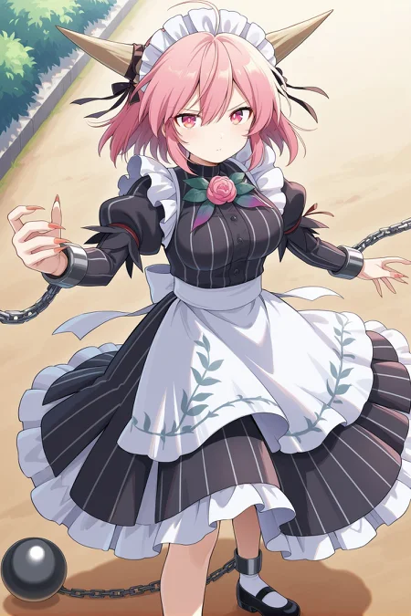 absurdres, highres, masterpiece, best quality, amazing quality, official anime artwork, screencap, anime screencap, outdoors, looking at viewer, serious, dynamic pose, standing,
<lora:Ibaraki-Doujis-Arm_Illustrious:1>  ibaraki douji's arm, 1girl, solo, pink eyes, pink hair, short hair, horns, medium breasts,, ibaraki douji's arm \(why am i a maid?!\), alternate costume, maid headdress, horn ribbon, black ribbon, fishnet, vertical-striped dress, black dress, frilled dress, long sleeves, white apron, waist apron, back bow, white bow, black shoes, mary janes, cuffs, ball and chain restraint, long fingernails, sharp fingernails,