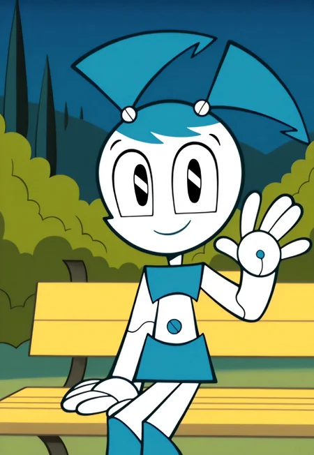 masterpiece, absurdres, highres, (anime screencap:2, anime coloring:2), on-model, accurate art style, anime screencap, anime coloring, show accurate, cartoon screencap, movie accurate, official screencap, style parody, flat colors, official art, proper proportions, extremely detailed, newest, 2024, BREAK, 1girl, jenny wakeman, xj9, robot, joints, android, robot joints, white skin, blue hair, black eyes, tank top, skirt, twintails, sitting, looking at viewer, smiling, waving, BREAK, detailed background, outdoors, park, park bench, trees, bushes, path, afternoon, BREAK, cowboy shot, BREAK, vibrant colors, cinematic lighting, 75% soft lighting, 25% dark lighting