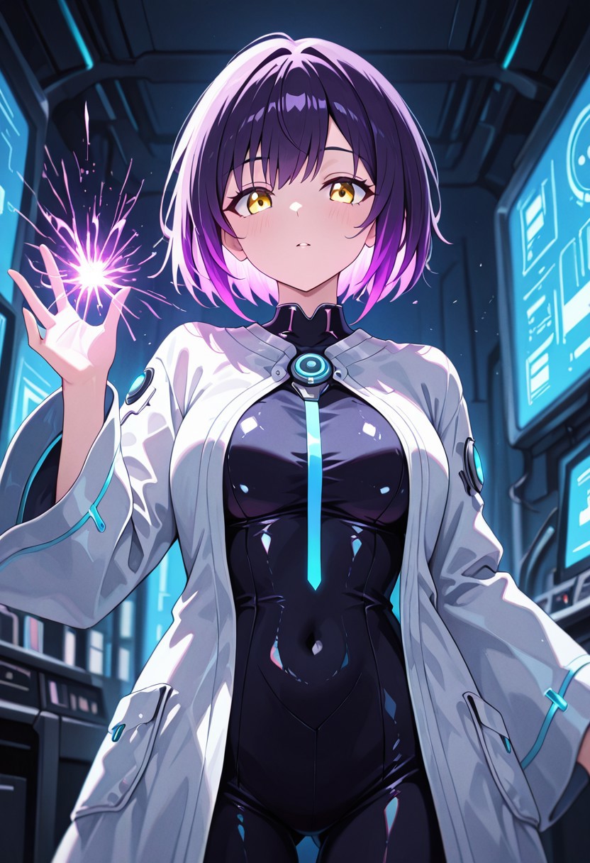 masterpiece, best quality, good quality, very aesthetic, absurdres, newest, 8K, depth of field,  in the style of cknc, artist:moriimee, in the style of cksc, 
1girl, short purple hair, glowing streaks, yellow eyes, medium breasts, firm, circuit-patterned robe, glossy skin, casting hologram, looking at viewer, from front
BREAK
futuristic lab, glowing screens, sparks flying
BREAK
cool tones, neon glow, high contrast, reflective surfaces, rich details, intense atmosphere