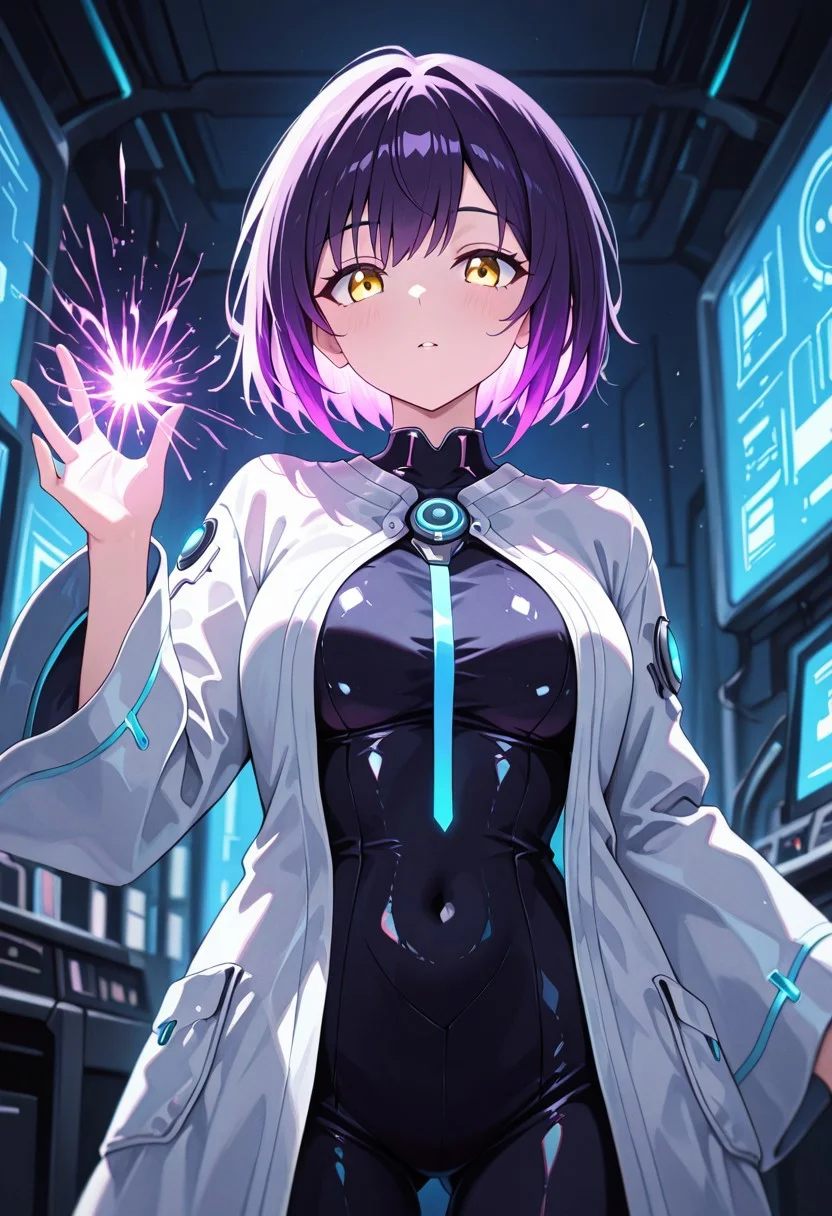 masterpiece, best quality, good quality, very aesthetic, absurdres, newest, 8K, depth of field, in the style of cknc, artist:moriimee, in the style of cksc,
1girl, short purple hair, glowing streaks, yellow eyes, medium breasts, firm, circuit-patterned robe, glossy skin, casting hologram, looking at viewer, from front
BREAK
futuristic lab, glowing screens, sparks flying
BREAK
cool tones, neon glow, high contrast, reflective surfaces, rich details, intense atmosphere