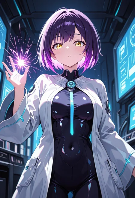 masterpiece, best quality, good quality, very aesthetic, absurdres, newest, 8K, depth of field,  in the style of cknc, artist:moriimee, in the style of cksc, 
1girl, short purple hair, glowing streaks, yellow eyes, medium breasts, firm, circuit-patterned robe, glossy skin, casting hologram, looking at viewer, from front
BREAK
futuristic lab, glowing screens, sparks flying
BREAK
cool tones, neon glow, high contrast, reflective surfaces, rich details, intense atmosphere