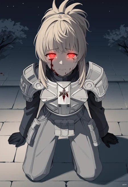 score_9, score_8_up, score_7_up, source_anime BREAK 1girl, solo, <lora:product23_pinne-nikke-richy-v1_pdxl:1> pnnnik, blonde hair, ponytail, bangs, necklace, armor, shoulder armor, long sleeves, gloves, grey pants, looking at viewer, half-closed eyes, blood on face, blood, blood on clothes, torn clothes, damaged, kneeling, arms at sides, closed mouth, greyscale, monochrome, outdoors, dark, darkness, night, night sky, black sky, red eyes, looking at viewer, glowing eyes, crying, tears, crying with eyes open, post-apocalypse