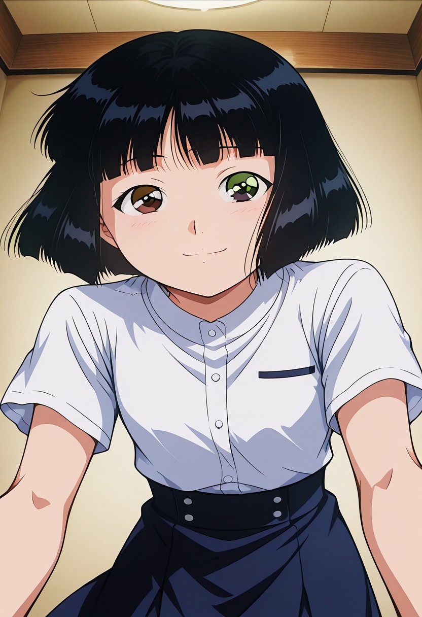 score_8_up, score_7_up, anime screencap, anime art style, best quality, hyper detailed,masterpiece, ruri madarame, bob cut, short hair, black hair, odd eye, ((right brown eye:1)), ((left green eye:1)), 1girl, solo, bangs, shirt, skirt, short sleeves,smile, happy, dynamic pose