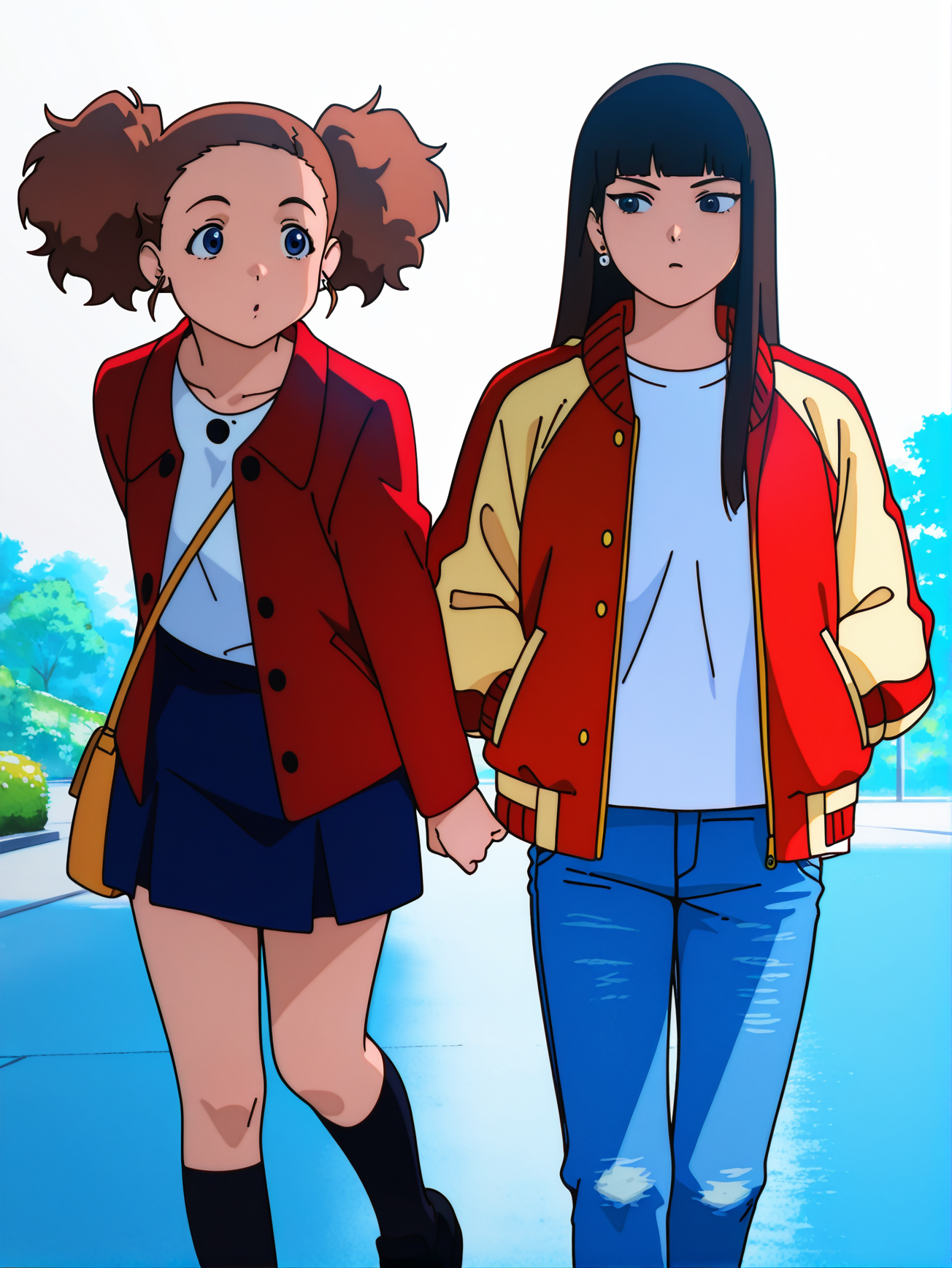 masterpiece, best quality, amazing quality, absurdres, newest, dynamic_angle, defined facial features, anime coloring, anime screencap,
<lora:Reika-Juri_IL1.1_v0:1> side-by-side, 
2girls, kato juri \(sel\), white earrings, red jacket, white shirt, blue skirt, black kneehighs, black shoes, handbag, v:1.2, BREAK 2girls, yamamoto reika \(sel\), red-tan jacket, white shirt, jeans, white earrings, white sneakers, v:1.2