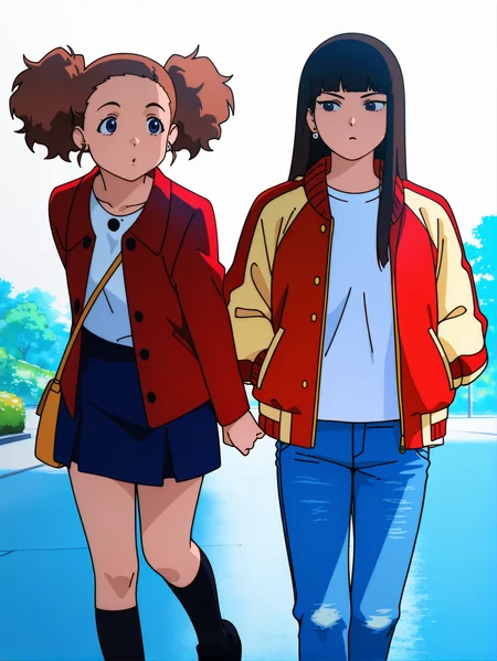 masterpiece, best quality, amazing quality, absurdres, newest, dynamic_angle, defined facial features, anime coloring, anime screencap,
<lora:Reika-Juri_IL1.1_v0:1> side-by-side,
2girls, kato juri \(sel\), white earrings, red jacket, white shirt, blue skirt, black kneehighs, black shoes, handbag, v:1.2, BREAK 2girls, yamamoto reika \(sel\), red-tan jacket, white shirt, jeans, white earrings, white sneakers, v:1.2