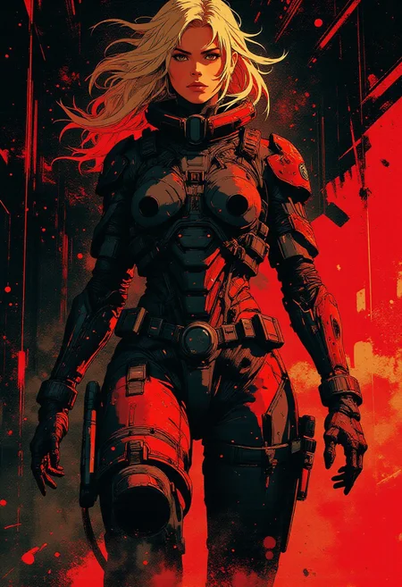 In the style of ff-td, nistyle, Silhouette Art, magnificent, inksplash double exposure, crisp lines, Capital spaceship cruiser (crimson and black) below closeup portrait of stunning japanese sci-fi space pirate, blonde loose hair, red and black power armour, directional lighting, dark background