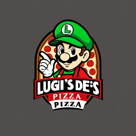 logomkrdsxl, a logo for a resturant , Luigi with pizza slice, vector, text "Luigi's Pizza", <lora:logomkrdsxl:1>, best quality, masterpiece, super smash bros.,