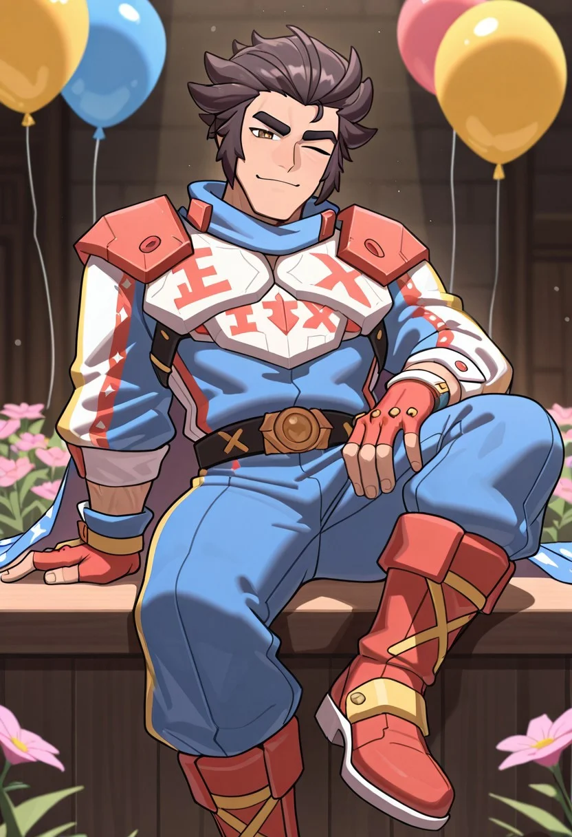masterpiece,best_quality, newest, masterpiece, best quality, absurdres, highres, highly detailed, very aesthetic, depth of field, volumetric lighting
1boy, pen_mtas, muscular body, brown eyes,
armor, Gold and Blue Armor, long sleeve, chest plate, Blue yellow pants, Cape, Blue white cape, gloves, fingerless gloves, Bracers, yellow bracers, Gauntlets, red gauntlets, boots, red boots
bara, looking at viewer, one eye closed, balloon, flower, hand on hip, sitting, motion blur, portrait, pink flower