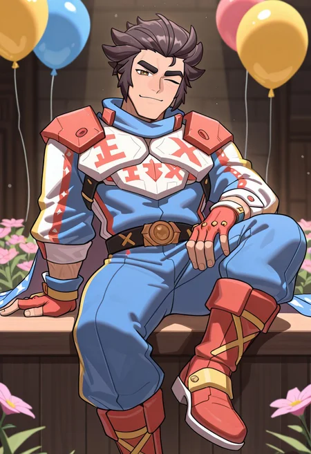 masterpiece,best_quality, newest, masterpiece, best quality, absurdres, highres, highly detailed, very aesthetic, depth of field, volumetric lighting
1boy, pen_mtas, muscular body, brown eyes,
armor, Gold and Blue Armor, long sleeve, chest plate, Blue yellow pants, Cape, Blue white cape, gloves, fingerless gloves, Bracers, yellow bracers, Gauntlets, red gauntlets, boots, red boots
bara, looking at viewer, one eye closed, balloon, flower, hand on hip, sitting, motion blur, portrait, pink flower