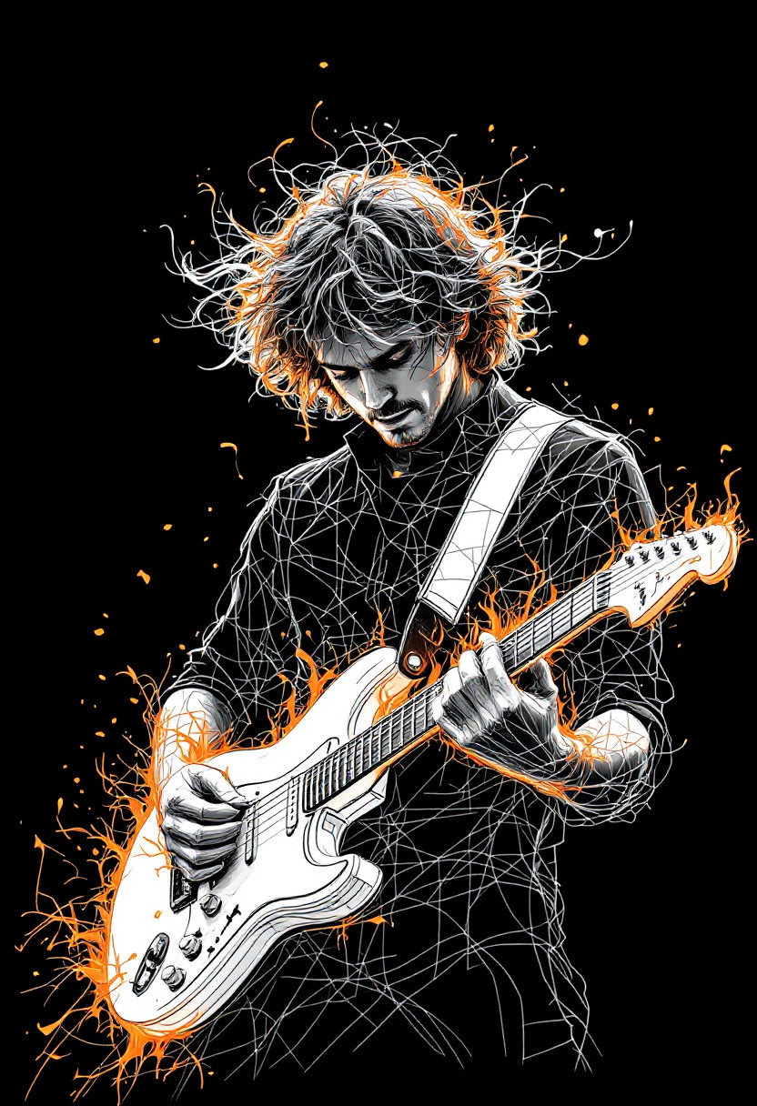 A mesmerizing line art drawing of a guitarist with a mesmerizing interplay of fire and white drawing lines. The guitarist is playing a white guitar with orange flames. The background is black. The drawing is in the style of abstract expressionism.