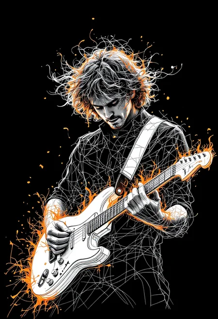 A mesmerizing line art drawing of a guitarist with a mesmerizing interplay of fire and white drawing lines. The guitarist is playing a white guitar with orange flames. The background is black. The drawing is in the style of abstract expressionism.