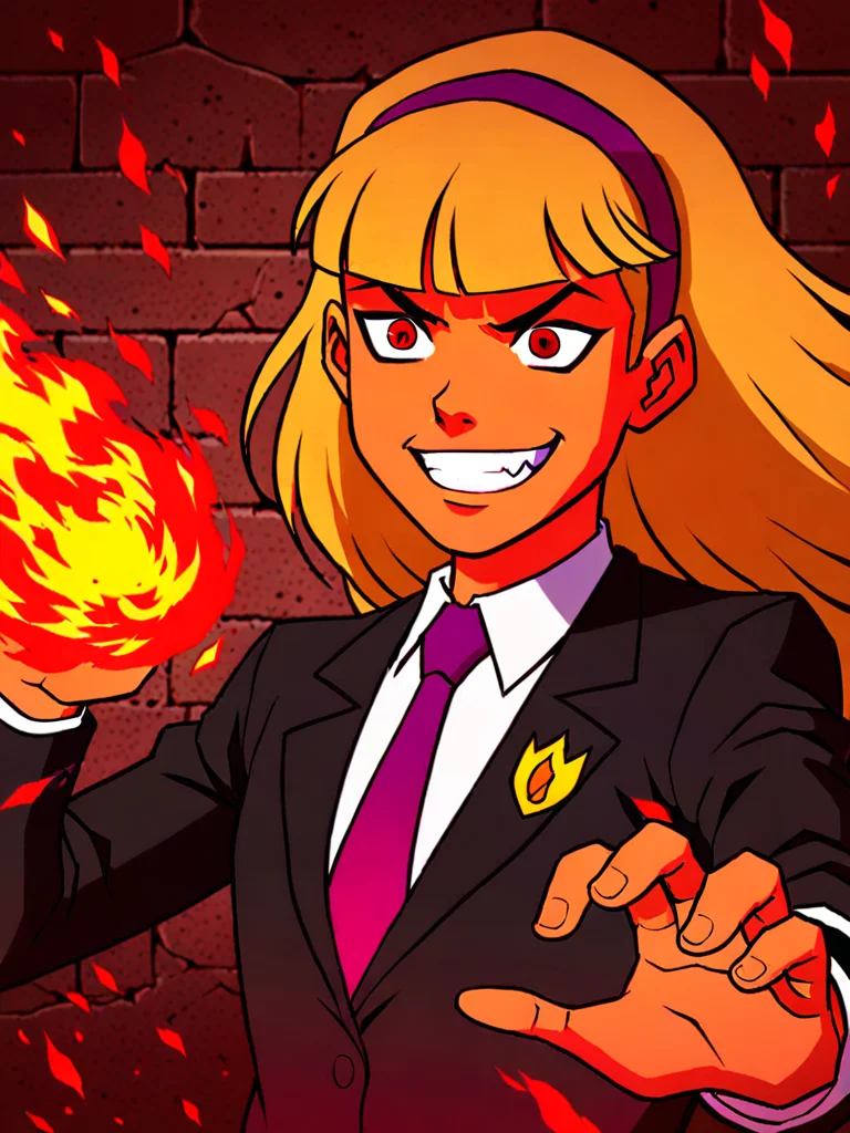 score_7, score_7_up, score_9, score_9_up, BREAK, DC__Young_Justice_Child, 1girl, blond hair, red eyes, purple hairband, white shirt, black coat, red tie, insignia on coat, grin, casting spell, hands, fireball
<lora:DC__Young_Justice_Child:0.8> <lora:sdxl_casting_spell:1>